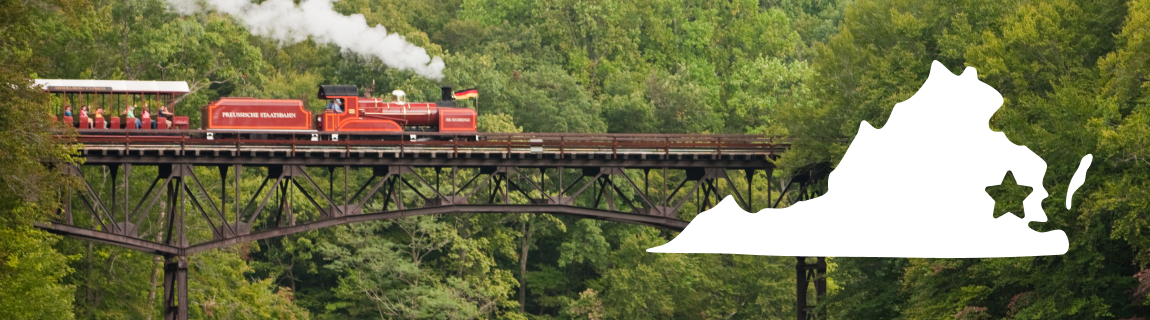 A steam train driving across a bridge and a silhouette of the state of Virginia