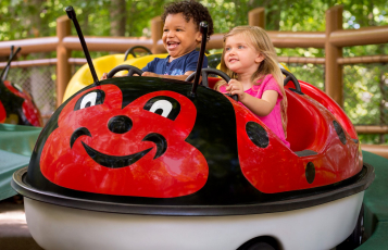 Two children on Bug-a-Dug at Busch Gardens Williamsburg