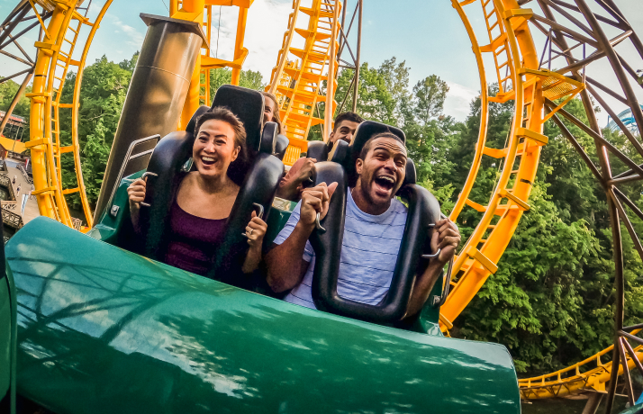 Riders enjoying the world’s first interlocking loop coaster Loch Ness Monster at Busch Gardens Williamsburg.